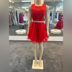 size 14. red. curled tulle bottom. open keyhole back beaded belt. lace